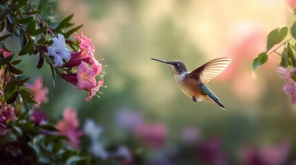 Fototapeta premium Hummingbird hovering over colorful flower blossoms in lush garden, graceful flying bird feeding on nectar, vibrant wildlife and nature scene, peaceful outdoor garden beauty, close up tropical bird in 