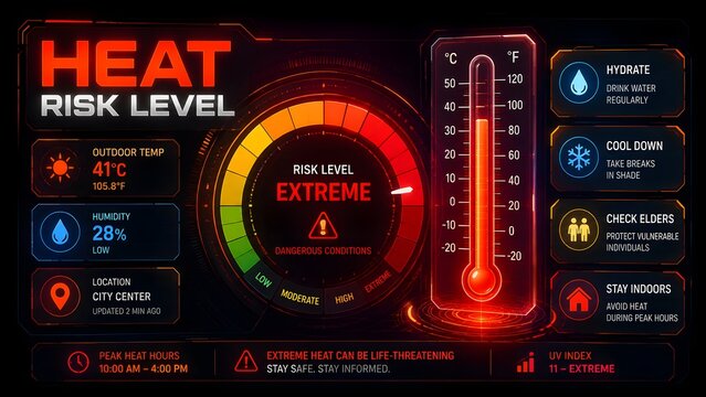 Heat risk level futuristic dashboard interface displaying extreme outdoor temperature humidity and safety precautions