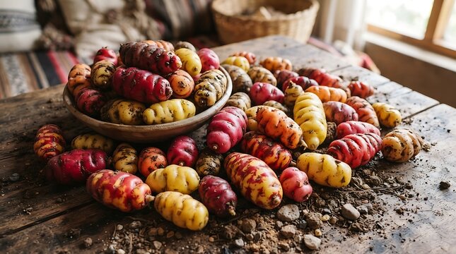 Colorful Oca tubers in a rustic bowl on a wooden table, Andean harvest