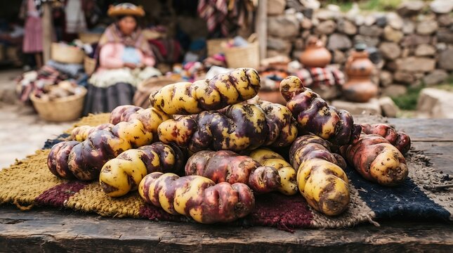 Colorful Andean potatoes displayed on a rustic wooden table at a market