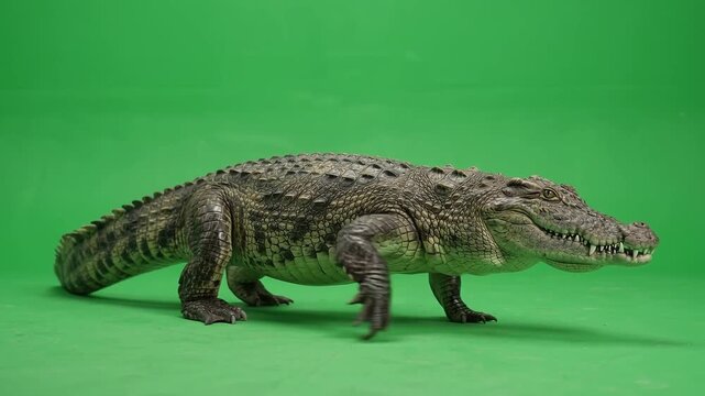 Large crocodile walking slowly on green screen background