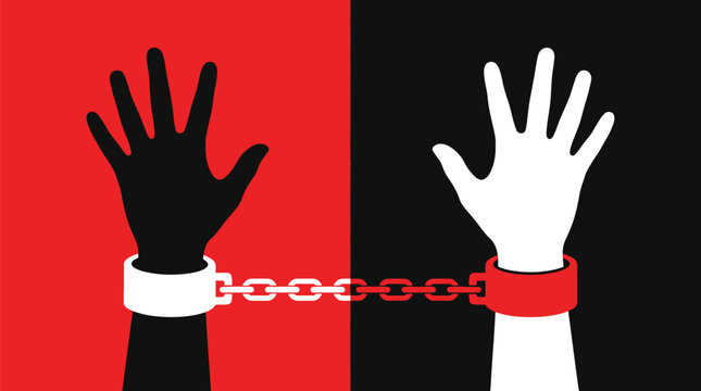 Contrast vector illustration featuring human hands shackled together with iron chains against bold vibrant background colors