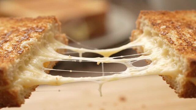 Hands pulling apart golden crispy grilled cheese sandwich with gooey melted cheese pull. Food commercial concept
