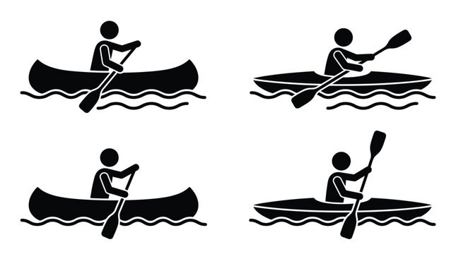 Stick figure vector illustration showing people paddling in canoes and kayaks on wavy water surfaces today