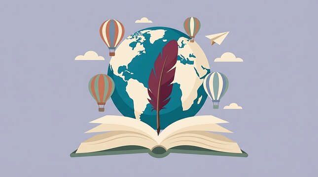 Open book with globe and hot air balloons illustration