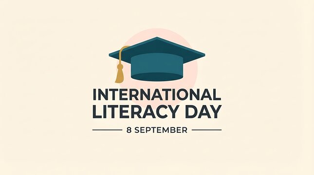 International literacy day graduation cap icon with date 8 september