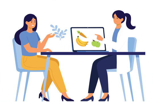 Flat vector illustration of a female patient consulting a professional dietitian nutritionist doctor pointing at healthy food options on a laptop screen.