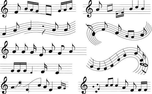 Musical notes collection on staff lines featuring wavy melody configurations and classic treble clef symbols vector illustration