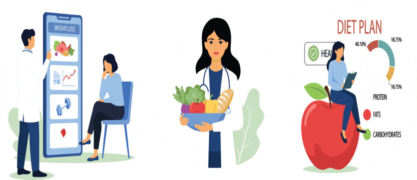 Flat vector illustration bundle showing nutrition concepts with professional nutritionist doctor planning diet programs healthy eating habits and mobile app data tracking.