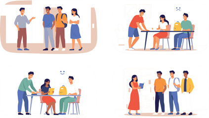Fototapeta premium Flat vector illustration bundle showing groups of university students studying together interacting with professors and learning inside a college classroom setting.