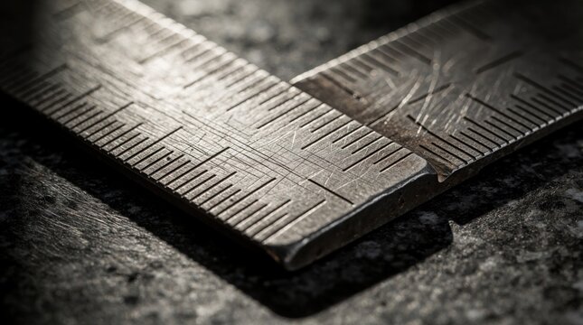 Close-up macro view of old weathered metal ruler with etched markings on dark rough surface. Precision tool shows scale, lines, and scratches, suggesting industrial or craft use.