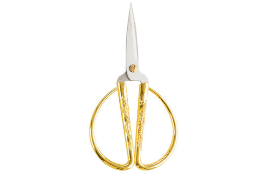  Vintage gold scissors with ornate handles isolated on transparent background