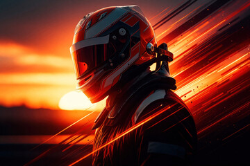Obraz premium Racer in helmet at sunset, motion blur streaks imply speed. Professional driver ready for race, motorsport competition, intense energy, fast action.