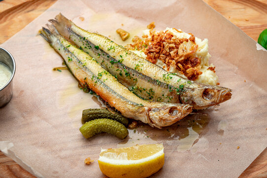 Grilled fish served with mashed potatoes, pickles, and lemon wedge at local eatery. Customers enjoy grilled fish with mashed potatoes and pickles in a busy restaurant setting.