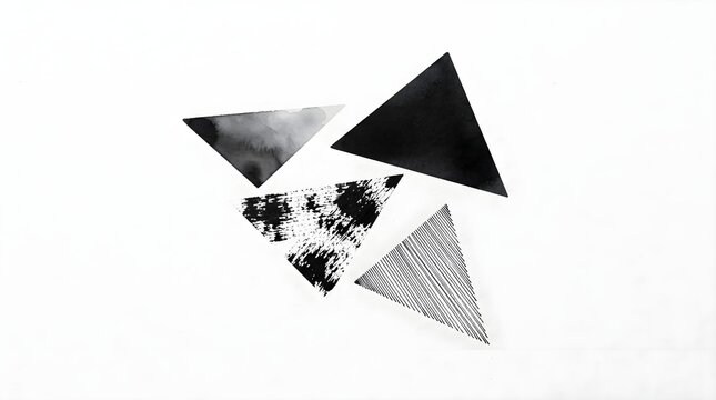 Abstract composition of four black triangular shapes with different ink textures and patterns on a white background triangle abstract geometric