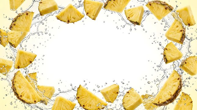 Fresh pineapple chunks with water splash frame on yellow background for food advertising.