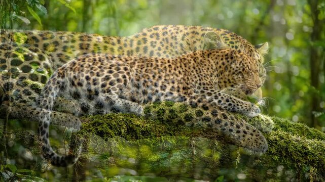 Leopard resting on mossy tree branch in dense forest.