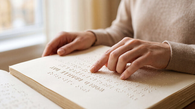 Inclusive Accessibility Concept with Hands Reading Braille for World Braille Day