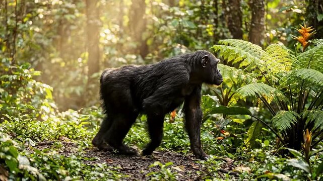 Wild Chimpanzee Walking Through Dense Tropical Forest Path.