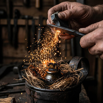 Blacksmith igniting tinder with sparks from striking metal