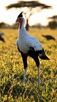 Secretary Bird Standing Tall in Sunny Grassland Landscape.
