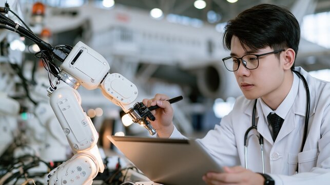 Medical engineer in glasses inspects a robotic surgical arm using a digital tablet in a high-tech facility.