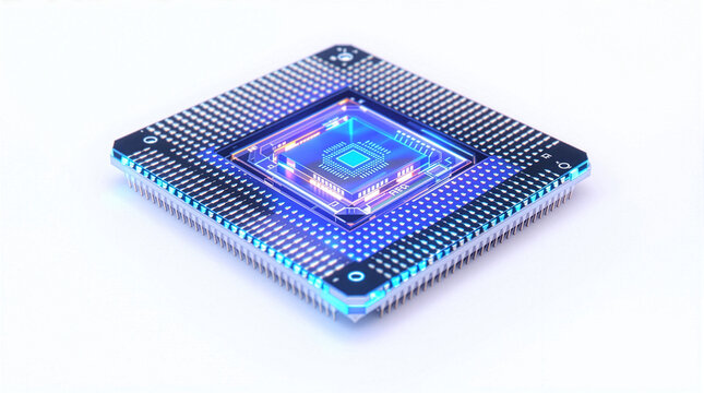 AI quantum processor and CPU chip with glowing blue neon lights and intricate pin grid array on isolated white background
