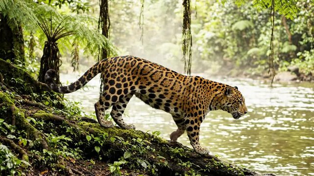 Jaguar Walking Along Riverbank in Dense Tropical Rainforest.
