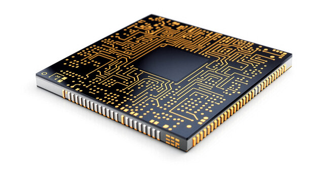 Modern CPU microprocessor and AI chip with intricate golden circuit traces and pin grid array on isolated white background