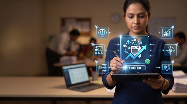 Examinations Coordinator Interacting with Tablet and Holographic Icons for Mass-Scale Evaluation in Coordination Center Background