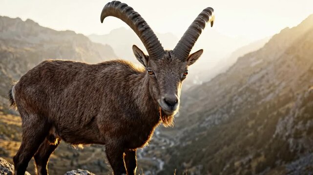 Wild Alpine Ibex Standing on Rocky Mountain Terrain at Sunrise.