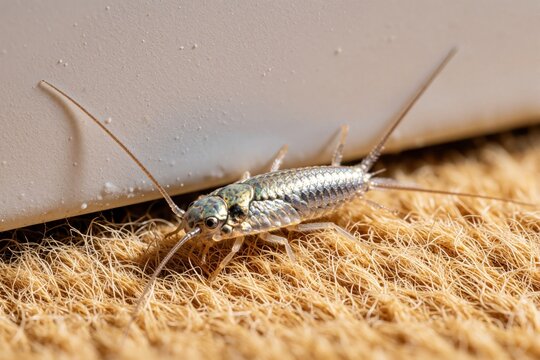 Macro shot of silverfish insect crawling on carpet near white wall. Small grey pest moves on floor in home. Tiny bug with long antennae, tail explores room. Household pest control concept showing