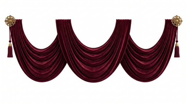 Elegant dark red velvet curtain swags with golden tassels