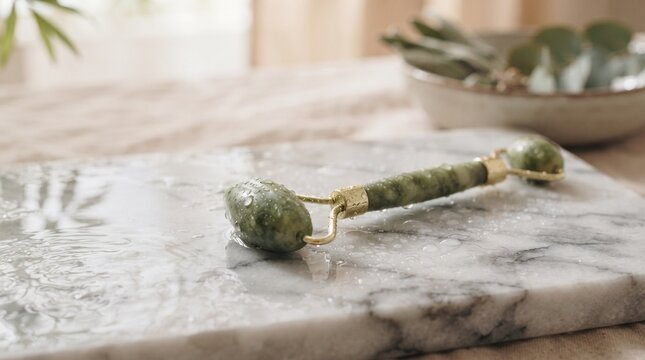 Jade roller facial massage stone tool on a marble countertop  