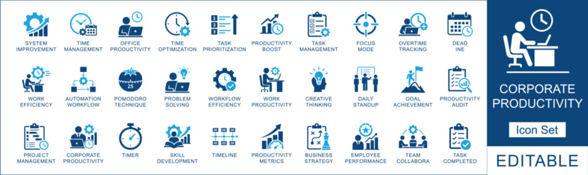 Corporate productivity and time management icon set featuring workflow, task management, business efficiency, project planning, and teamwork symbols.