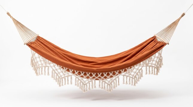 Comfortable orange fabric hammock with white fringe details