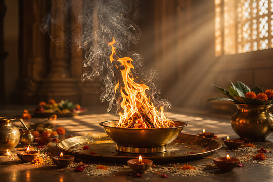 Sacred Havan Fire Ritual with Traditional Indian Puja Offerings