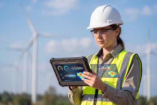 Engineer using digital tablet to monitor wind turbine performance dat