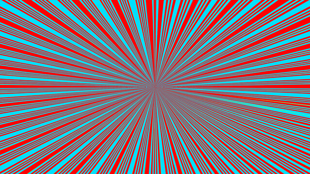 Abstract radial starburst pattern with alternating red and cyan lines converging toward central point creating optical illusion depth vector illustration