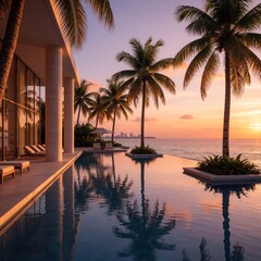 Fototapeta premium Modern resort infinity pool overlooks ocean at sunset. Palm trees frame tranquil water reflecting golden sky. Distant city skyline visible on horizon.