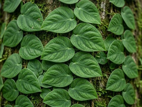 Close up of green heart shaped leaves on tree bark.