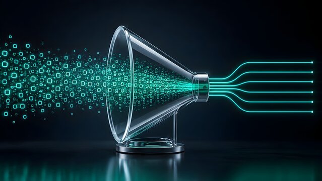 Glass funnel filtering scattered digital data into streamlined binary code representing information processing and network optimization
