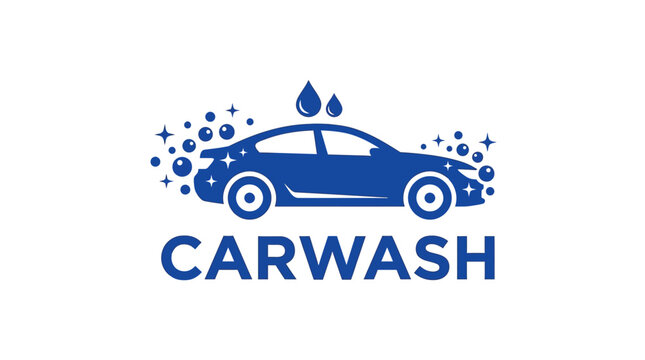 Blue carwash vector illustration showing vehicle silhouette with bubbles and water drops for modern branding design