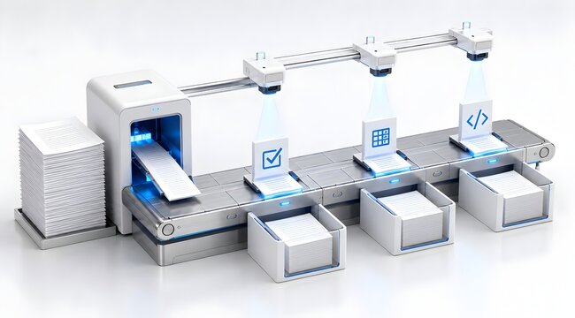 Automated document scanning system with robotic conveyor belt categorizing physical paper into digital data archive bins