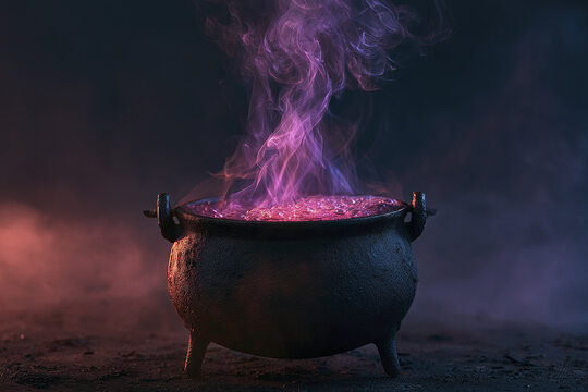 Black cauldron bubbling with magical purple potion and swirling smoke creating mysterious atmosphere