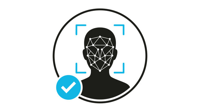 Digital facial recognition security vector illustration showing biometric identification scan with a verified blue checkmark icon