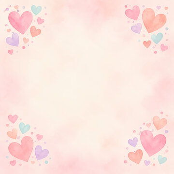 Large heart corner clusters with a spacious pale center for text. Soft watercolor hearts design for nursery and commercial background use.