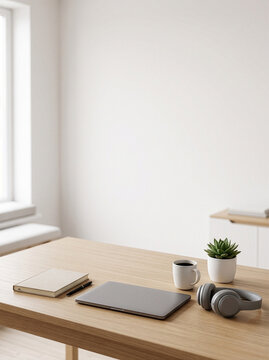 Minimalist Workspace Essentials: A clean and organized wooden desk presents a modern laptop, a notebook with a pen, a steaming cup of coffee, a small potted plant, and a pair of sleek headphones.