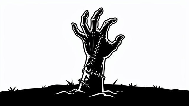Black and white vector illustration of a zombie hand rising from the ground, ideal for halloween event promotion, horror posters and party flyers