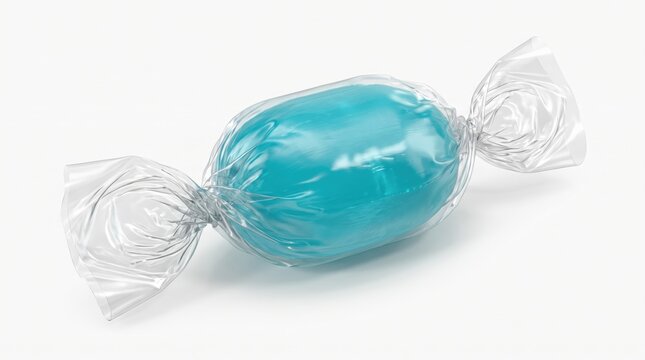 Single blue hard candy wrapped in clear plastic foil